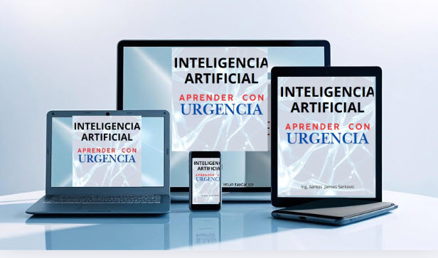 Mockup eBook Aprender con Urgencia IA en Laptop, Tablet, Monitor y Móvil